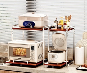 Estante de Almacenamiento para Microondas de 2 Niveles, Acero al Carbono y Madera Sólida, Extraíble, para Electrodomésticos de Cocina, Encimera, Horno, Olla Arrocera, Olla - Product Image 3