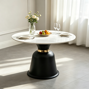 Table à manger ronde de luxe en pierre frittée, plateau blanc, base en forme de cloche noire avec bordure dorée, pour la maison, la salle à manger, l'hôtel, le restaurant - Product Image 1