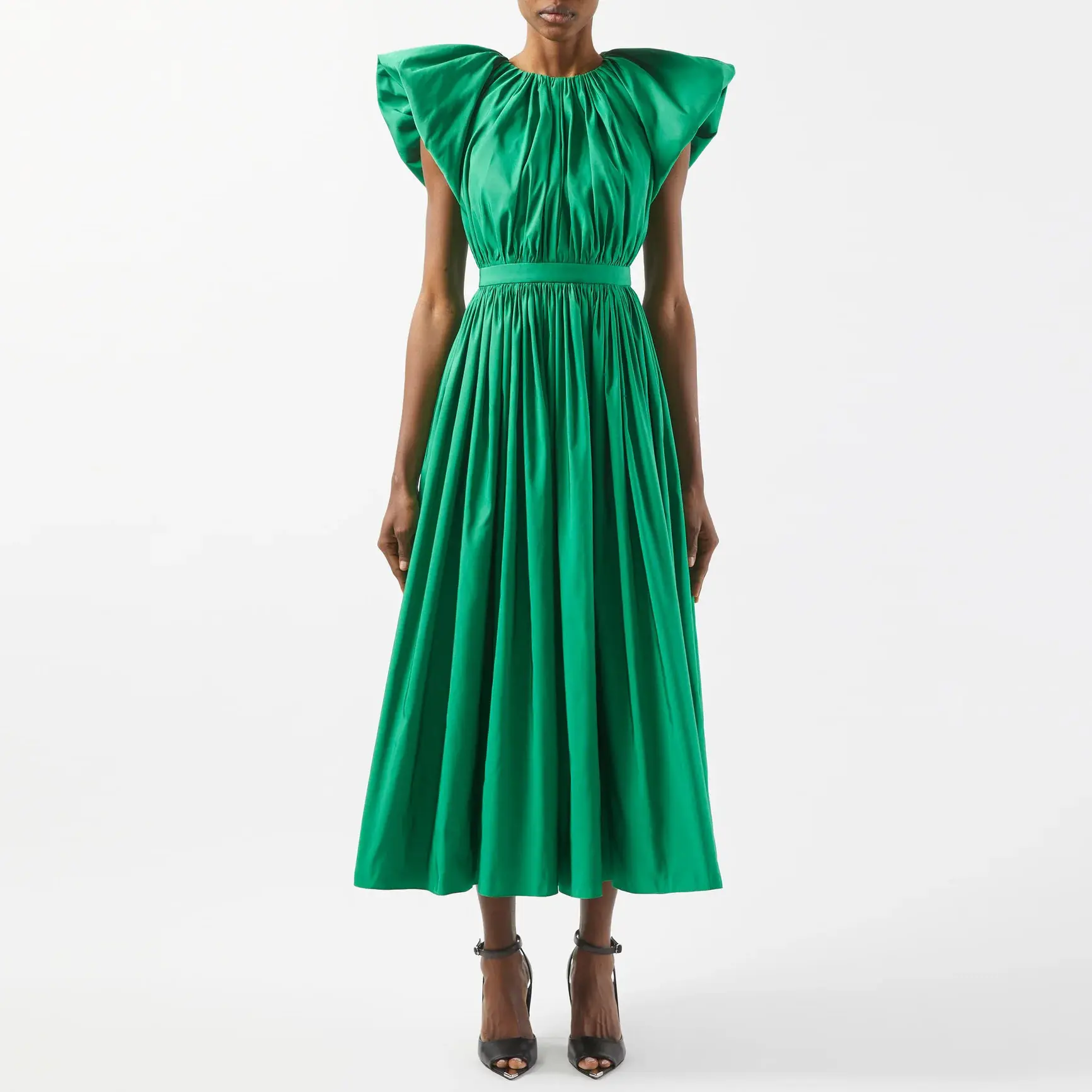 Fabricantes de ropa personalizada de alta calidad vestido de moda Puff manga corta espalda abierta algodón verde vestido de mujer vestidos de moda