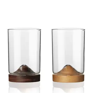 2024耐热日式威士忌玻璃杯创意水晶山威士忌杯木质底座