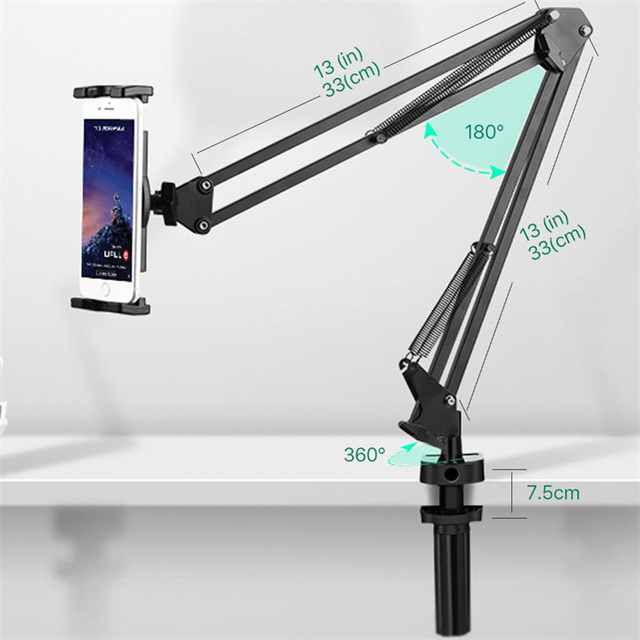 Durable Iron + ABS 360 Rotating Desktop Lazy Bracket Dual Arm Flex Holder Extendable Stand for Mobile Phone and Tablet