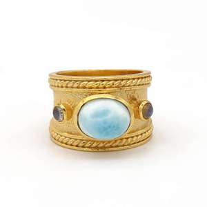 À la mode naturel rond double Labradorite et ovale Larimar pierres précieuses bague en laiton plaqué or 18K large bande bijoux pour femmes et hommes - Product Image 1