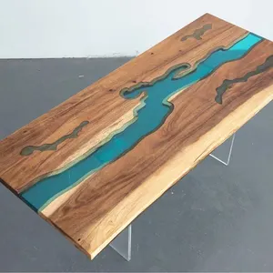 胡桃木 & 蓝色树脂河表设计师蓝色河表活边平板环氧树脂餐桌