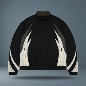 <b>Men's</b> Black Windproof Quick Dry Polyester/Cotton Sporty <b>Racer</b> <b>Jacket</b> White Color Blocking Zipper Closure Stand Collar Long - Product Image 1