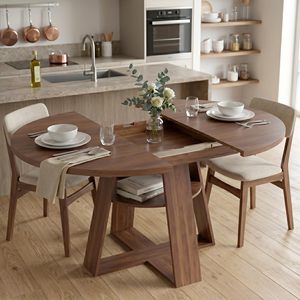 Table à manger ronde en bois moderne SENYU avec étagère de rangement, extensible, 4 places, mobilier de maison, design mid-century - Product Image 1