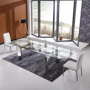 レストラン長方形ステンレス鋼ダイニングテーブルモダンなダイニングルーム家具ミラー強化ガラスダイニングテーブルセット