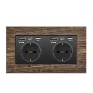 Hoge Kwaliteit Houtnerf Paneel Eu Standaard Klasse 146 Type Duitse Wandschakelaar Dubbele 3 Pins Socket Met Usd Type C