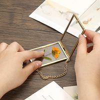 Cadre photo miniature en verre double avec fleurs pressées, cadre flottant en laiton avec chaîne, décoration murale