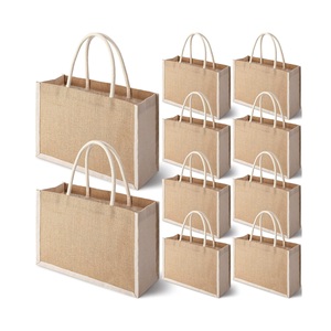 Gran oferta, bolsas de compras de yute personalizadas con bolsillo frontal de lona, arpillera Natural para regalos directos del proveedor - Product Image 1