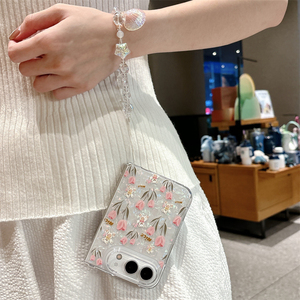 Funda de lujo con diseño de flores de tulipán para iPhone Duo, con correa de muñeca ancha, a prueba de golpes, cubierta rígida de PC. - Product Image 5