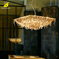 Lustre rectangulaire de luxe en cristal avec feuille d'or artistique et LED, télécommande incluse, pour hôtel et villa, salon