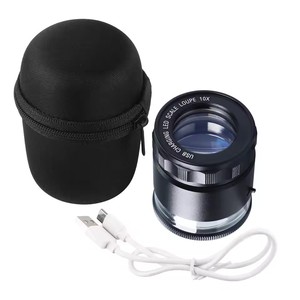 Lupa de aumento 10X con luz, escala de medición cilíndrica totalmente metálica, recargable por USB, 6 luces LED con bolsa de tela - Product Image 1