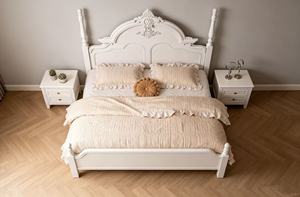 Premium Queen Size White Wood Spindle <b>Bed</b> With Ornate Carved Floral Headboard For French Country Bedroom - Product Image 2