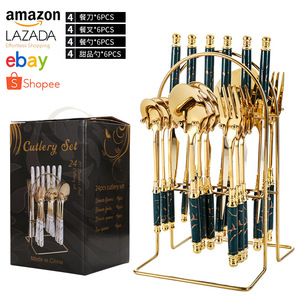 Juego de cuchillos, tenedores y cucharas con mango de cerámica y diseño de mármol, de acero inoxidable, 24 piezas, juego de regalo para vajilla de boda, duradero. - Product Image 5