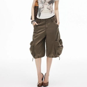Wholesale Custom Logo <strong>Women</strong> Oversized <strong>Knee</strong> <strong>Length</strong> <strong>Cargo</strong> <strong>Shorts</strong> Big Flap Side Pockets Adjustable Drawstring Hem Wide Leg <strong>Shorts</strong> - Product Image 1