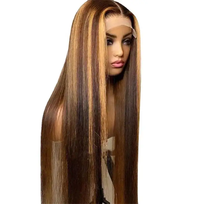 Fábrica direta lisa longa reta Ombre Brown Piano fibra sintética cabelo frontal perucas cabelo extensões sintéticas perucas coloridas