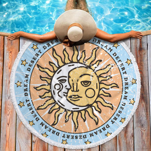 Serviette <span class=keywords><strong>de</strong></span> plage d'été extra large nouveau design <span class=keywords><strong>en</strong></span> polyester imprimé <span class=keywords><strong>soleil</strong></span> personnalisé <span class=keywords><strong>en</strong></span> vente avec pompons serviette <span class=keywords><strong>de</strong></span> <span class=keywords><strong>bain</strong></span> ronde absorbant l'eau - Product Image 1