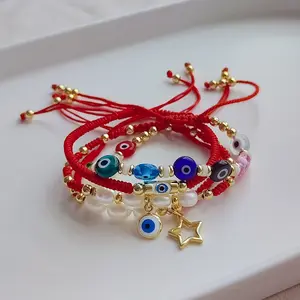Vidro Olho do Diabo Frisado Pérola Handwoven Red Rope Bracelet Set Bohemian Ethnic Style Jewelry para As Mulheres