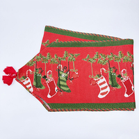Chemin de table de Noël rouge et vert en jacquard tissé avec pompons, motif canne à sucre pour la décoration de table de fête de fin d'année