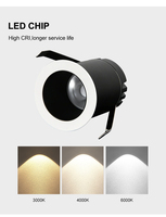 Spot LED encastré rond commercial en aluminium noir, 3W, 5W, 7W, 9W, AC110V/220V, pour plafond, vente en gros