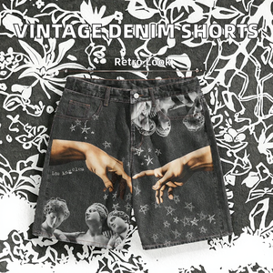 Pantalones Cortos de Mezclilla Tejida para Hombre, Estilo Vintage, Verano 2025, Hip-Hop, Estampado Gráfico, Corte Recto, Lavados, 100% Algodón - Product Image 2