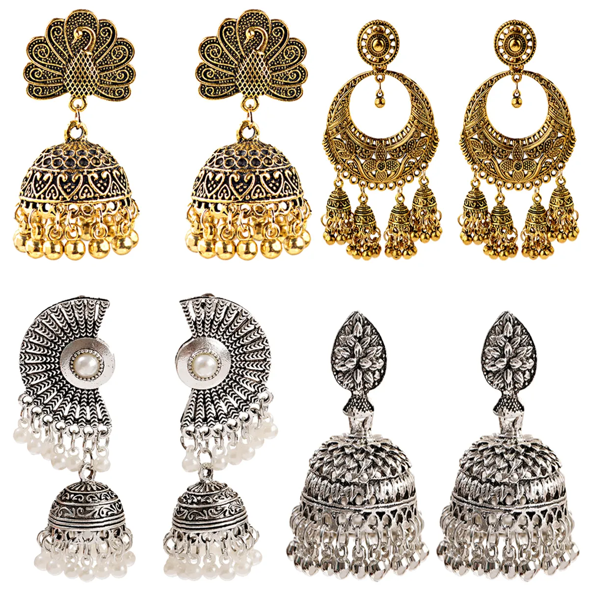 DOUVEI Oxidized Bollywood Vòng Chuông Tua Jhumki Jhumka Earrings Đối Với Phụ Nữ Chuông Cổ Điển Tassel Dangle Dân Tộc Truyền Thống