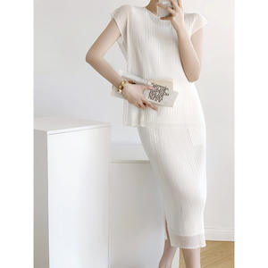 Ensemble plissé Miyake élégant en maille unie, jupe midi amincissante à manches courtes, <span class=keywords><strong>grande</strong></span> <span class=keywords><strong>taille</strong></span>, vêtements pour femmes - Product Image 2