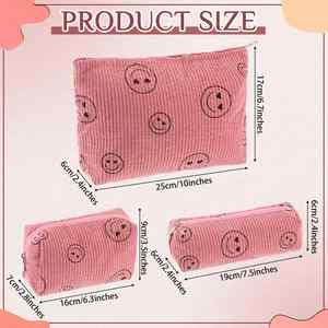 Smiley Face Makeup <b>Bag</b> Cute pink Corduroy 3pcs Toiletry <b>Bags</b> for Women Soft <b>Mini</b> Skincare Organizer - Product Image 5