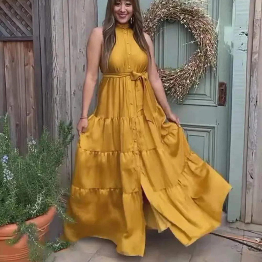 Vestido longo maxi com babado de seda para mulheres, vestido casual de verão com cintura comprida e gola de cetim criptografado, sem mangas, com babado de seda