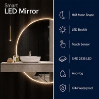 Miroir mural de salle de bain moderne avec lumière LED en forme de demi-lune, interrupteur tactile intelligent