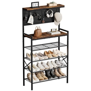 Zapatero alto con panel perforado, 7 ganchos, estilo industrial resistente, caja de almacenamiento para la entrada, para organizar - Product Image 3