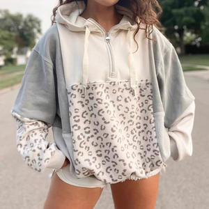 <span class=keywords><strong>Felpa</strong></span> da Donna con Patchwork Leopardato, Ampia con Mezza Zip e Cappuccio, Tasca a Marsupio - Product Image 1