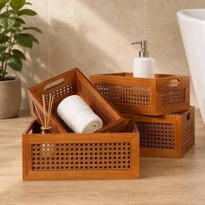 Caja de Almacenamiento de Mimbre de Madera Maciza CF, <span class=keywords><strong>Cesta</strong></span> de Almacenamiento Rectangular de 4 Tamaños, Estantería de Mimbre, Juego de Cajas de Almacenamiento para Toallas - Product Image 1