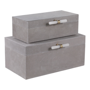 Set di Due Scatole Decorative Moderne per Conservazione con Manico in Pietra e Coperchio, Organizer per Gioielli e Ricordi, Finitura in Velluto Grigio - Product Image 5