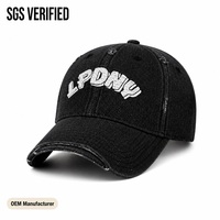 Casquette streetwear unisexe en denim délavé certifié SGS, 6 panneaux, effet vieilli, broderie 3D, logo personnalisé