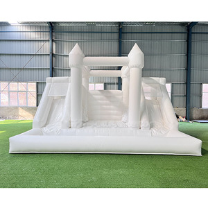 Château gonflable à double piste pour enfants, robuste, blanc, avec toboggan aquatique gonflable commercial extérieur et piscine à balles - Product Image 1