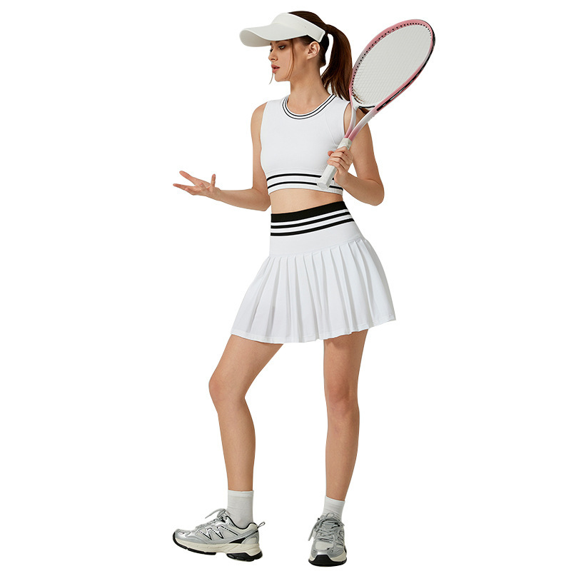 New Solid Above Knee Quick-drying Fitness Vest Sports Tennis Skirt Set Outdoor Breathable Anti-glare High Waist Yoga Skirt