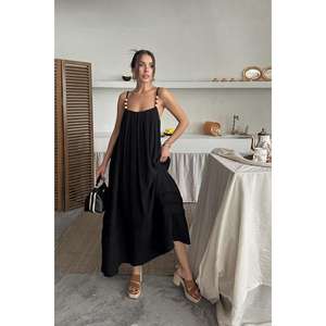 Wholesale Black Crocheted Strappy Muslin <b>Dress</b> <b>for</b> <b>Women</b> Solid Pattern Knee-Length Office Lady Style One <b>for</b> <b>Spring</b>/Autumn Day - Product Image 3