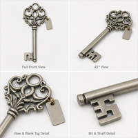 Clé de coffre en métal 100 mm, ton argent antique, clé squelette ornée avec étiquette numérotée et boîte cadeau