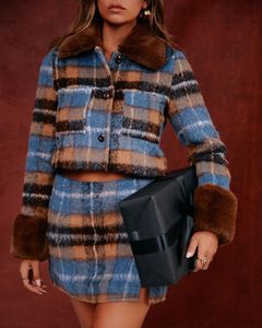 Conjunto de dos piezas para mujer, personalizado, nuevo temperamento retro, cuello de lana, empalme de Tweed, top de un solo pecho con <span class=keywords><strong>falda</strong></span> con abertura - Product Image 4