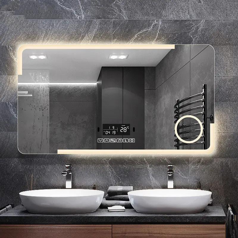 Miroir de salle de bain écran d'affichage Bluetooth Smart touch éclairé vanité miroir de bain désembuage miroir LED grossissant