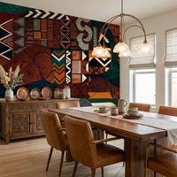 Papier peint mural géométrique africain en patchwork, autocollant, vert foncé, terre cuite, ethnique, bohème, pour la décoration murale du salon et de la chambre