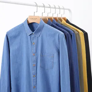 Men Denim Shirts Thin Long Sleeve Soft 100% Cotton Pocket Slim Slight Elastic Jeans Blue Tops Cowboy Clothing For Men