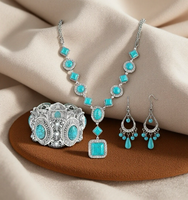 Colliers pendentifs bohèmes vintage en pierre turquoise multi-formes, boucles d'oreilles pendantes à pampilles en forme de goutte, bracelets larges creux gaufrés pour femme