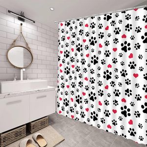 Cortina de ducha con estampado de pata de perro, amantes de las mascotas, lindo gatito, gato, huella, corazón de amor rojo, baño abstracto, decoración del hogar personalizada en Stock - Product Image 4