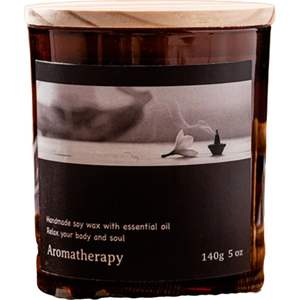 Lujosa botella de ámbar con tapa de madera aromática hecha a mano moderna aromaterapia vela votiva cera de soja aroma de vainilla cubierta marrón cumpleaños - Product Image 2