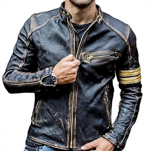 Men Cafe Racer Biker <b>Jacket</b> Original Leather Stand Collar Zipper Closure Slim Fit Moto Style Biker <b>Jacket</b> - Product Image 1