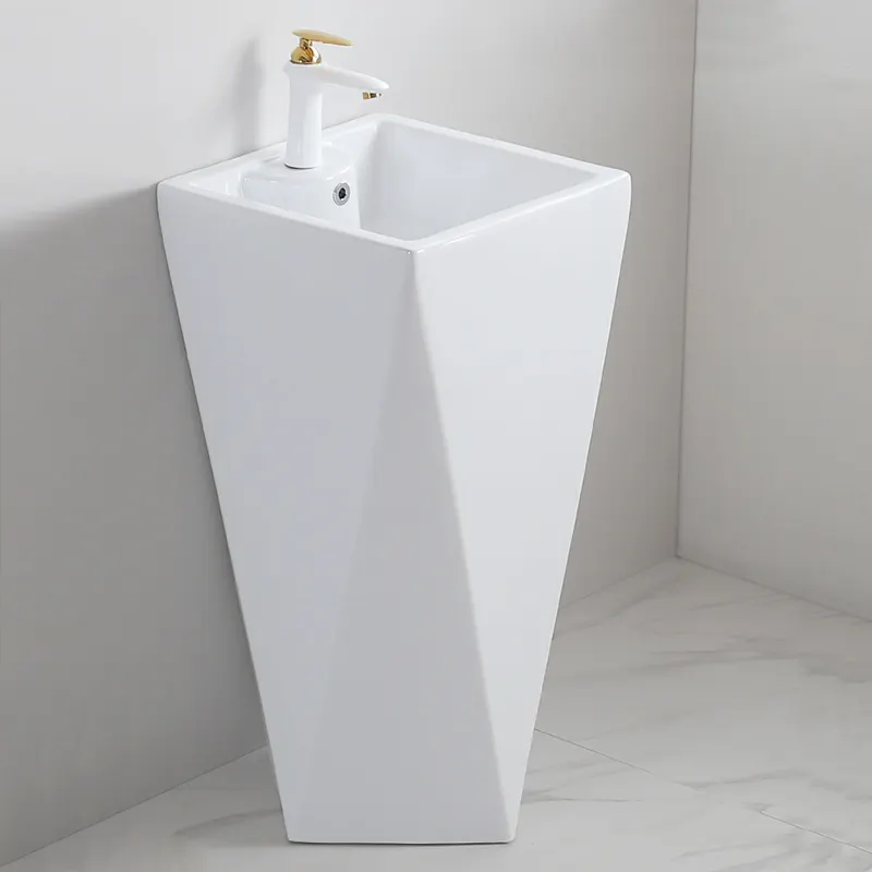 Fregadero de baño independiente montado en suelo de diamante, lavabo de cerámica artística blanca, lavamanos a mano