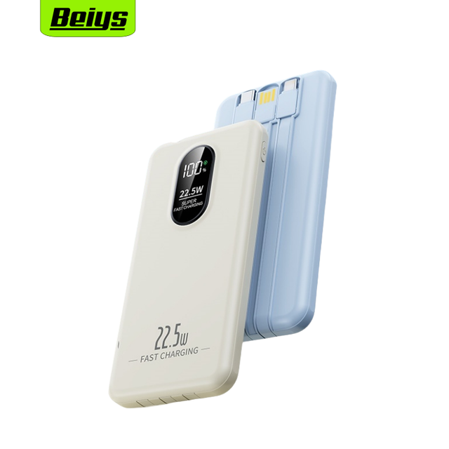 New 10000mAh Portable LED Display Power Bank with Digital Display Type-C 22.5W USB Built-in Cable for Fast Charging