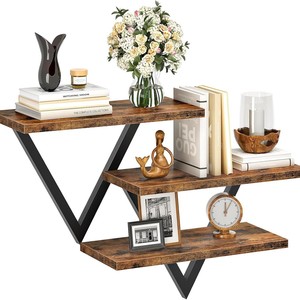Retro Wood Grain <b>Wall</b> <b>Mounted</b> Storage Rack 40cm Three Tier <b>Shelf</b> For Kitchen Living Room Bookshelf - Product Image 2